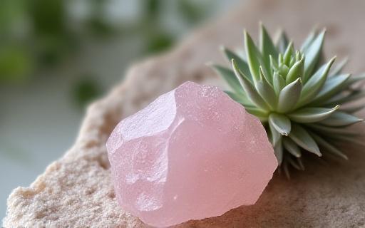 Primo piano di un grande quarzo rosa grezzo, poggiato delicatamente vicino a una piccola Tillandsia (pianta aerea), accentuando la texture naturale.