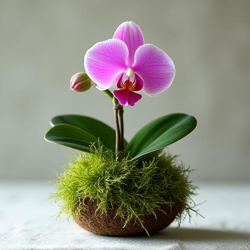 Un Kokedama artigianale con una piccola orchidea phalaenopsis dai fiori rosa delicati, sospeso su un filo sottile.