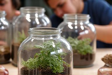 Partecipanti a un laboratorio, intenti a costruire terrari di vetro, con piante, terriccio e utensili da giardino.